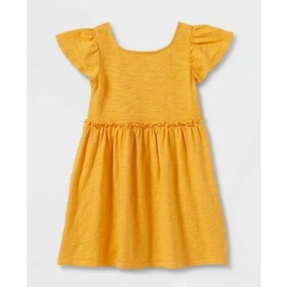Cat & Jack Toddler Girls Mustard Yellow Flutter Sleeve Cotton Dress Size 5T - Picture 1 of 10